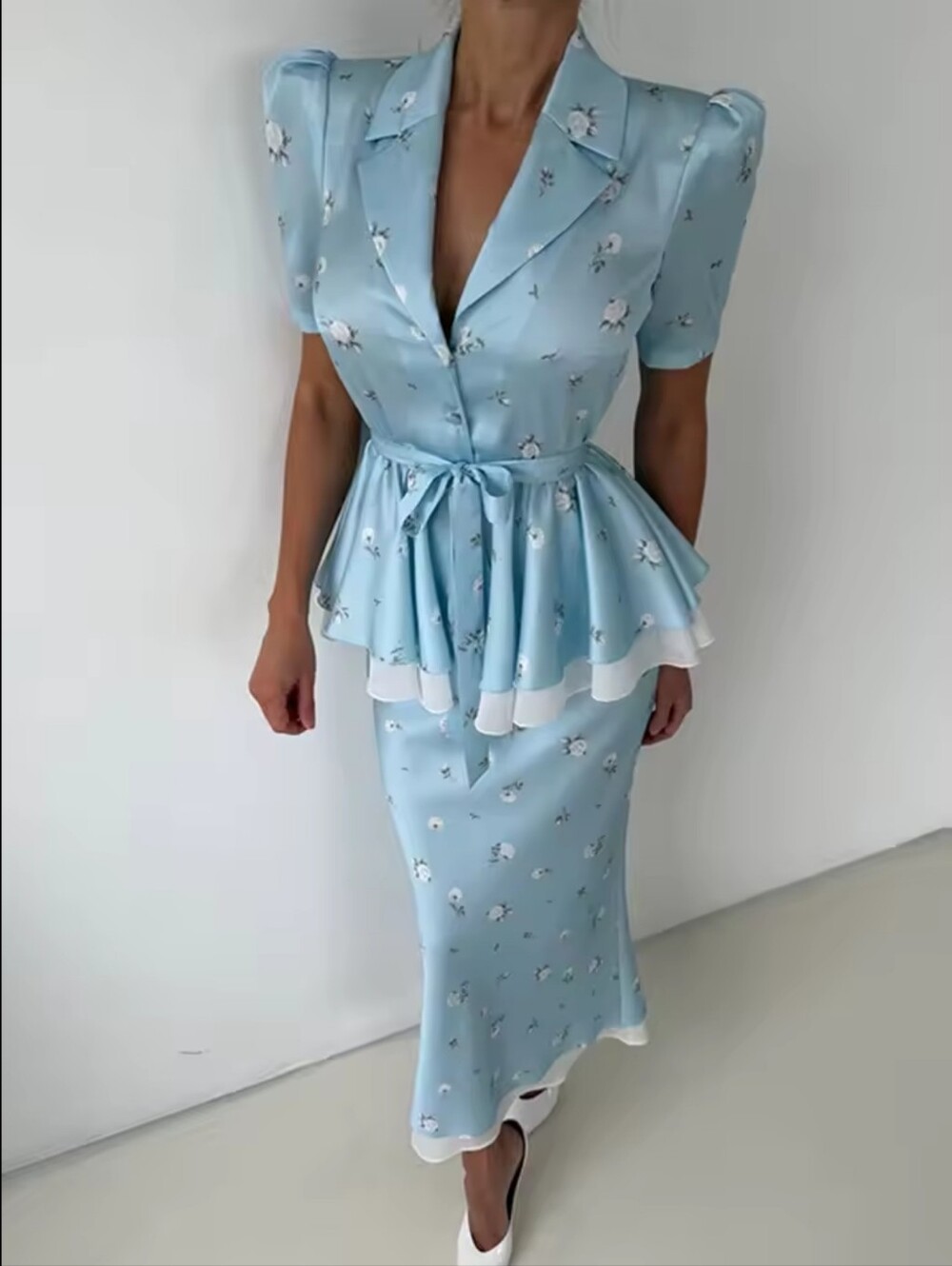 Floral Print V-Neck Peplum Top Dress Set Waist Tie Short Sleeve 2026 Summer